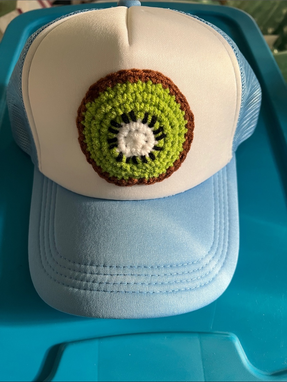 Blue and White Trucker Hat with Green Kiwi Crochet Patch Adjustable One Size